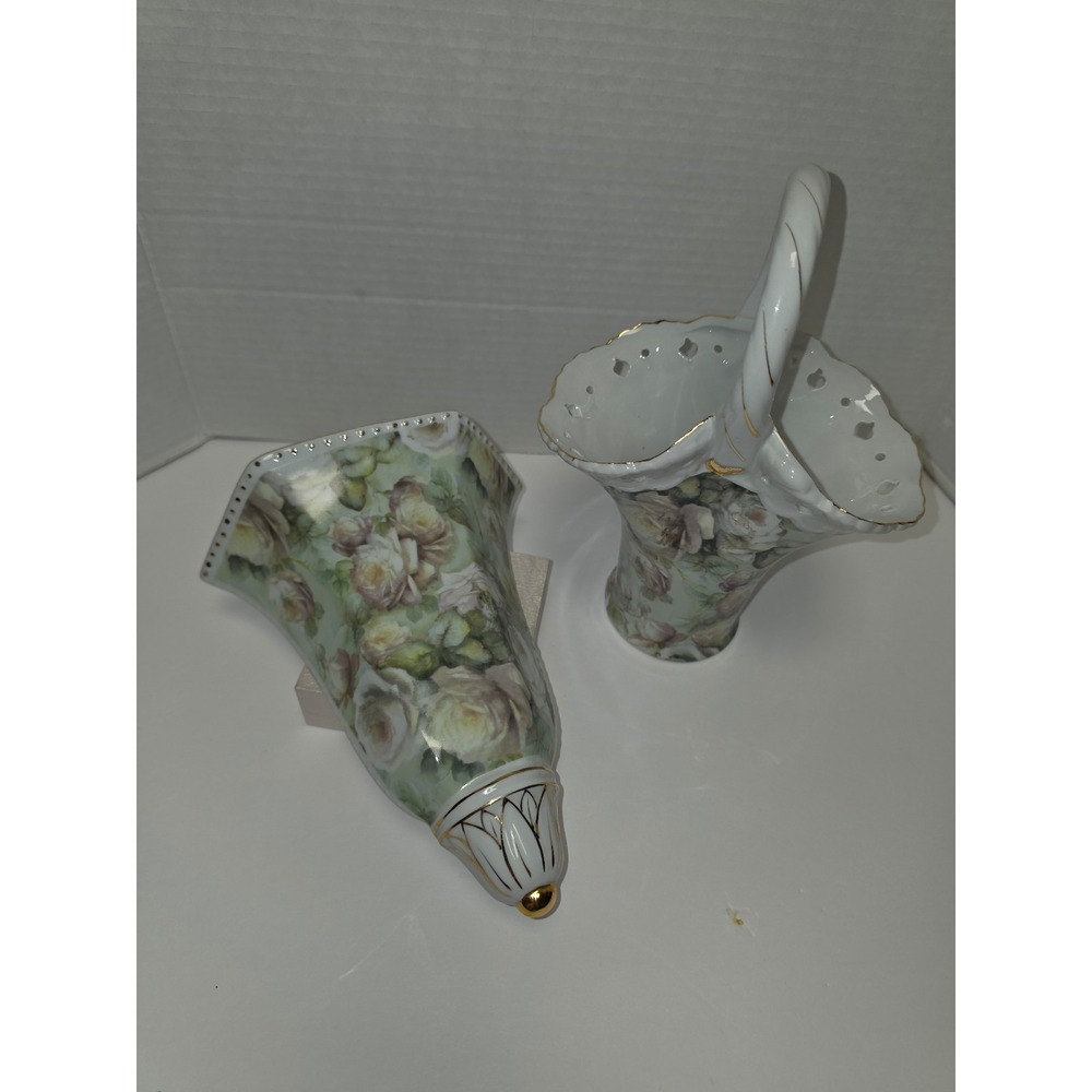 Vintage Formalities by Baum Bros. White Rose Chintz Porcelain Basket Wall Pocket